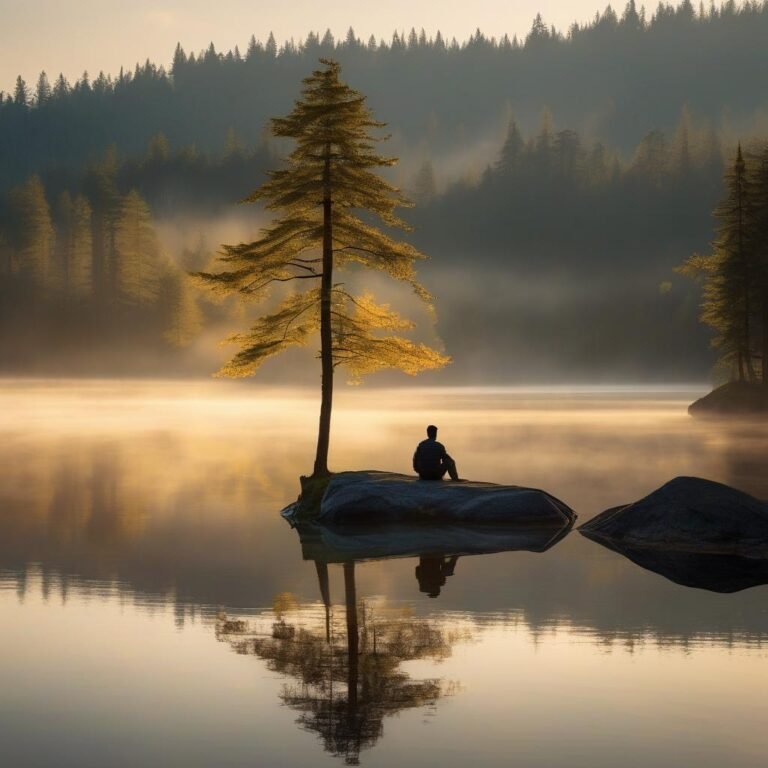 hombre en un lago rodeado de naturaleza