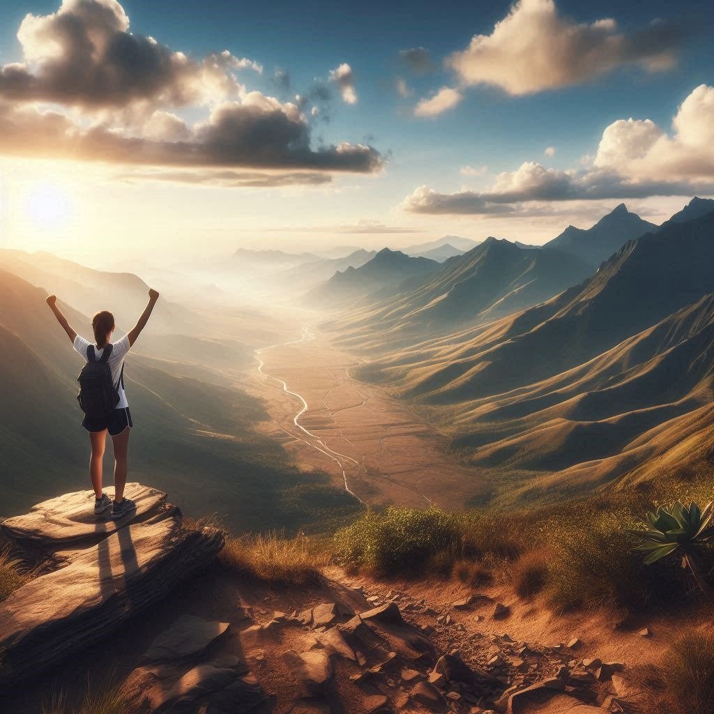 mujer en la cima de un monte