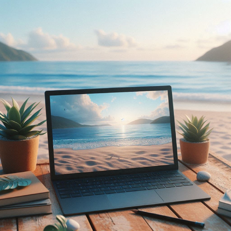 un ordenador portatil en una mesa de madera en medio de una playa paradisíaca en un entorno que transmite energia positiva.