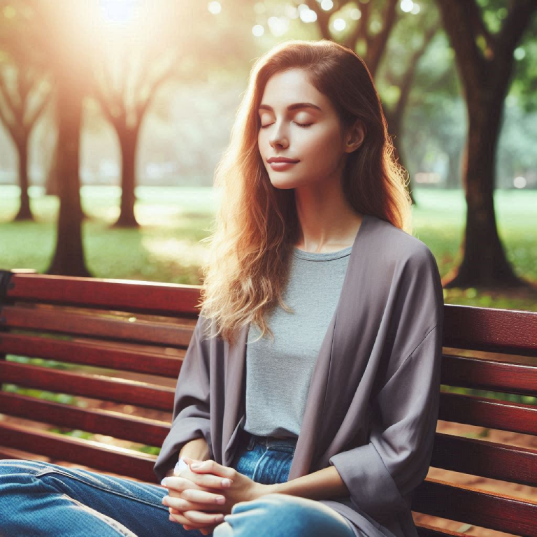 Un chica sentada en el banco de un parque con los ojos cerrados refleja una expresión de serenidad, paz y bienestar