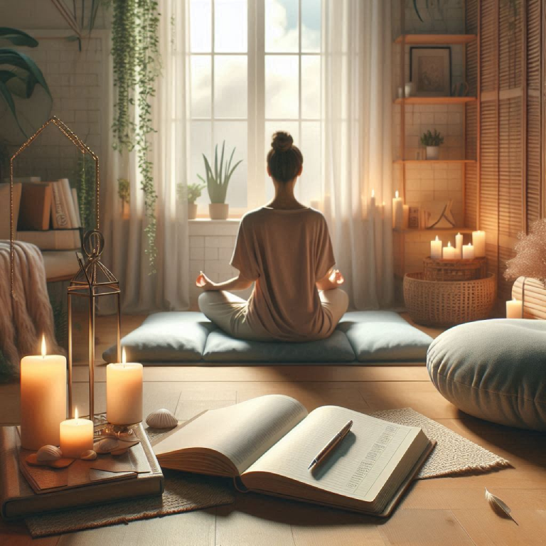 Una chica en un espacio acogedor en el salón de su casa práctica mindfulness, en la imagen muestra varios elementos que nutren en proceso de enfoque y atención plena como una vlea, incienso, un atrezo para la meditación y un diario como elemento que simboliza su autocuidado personal