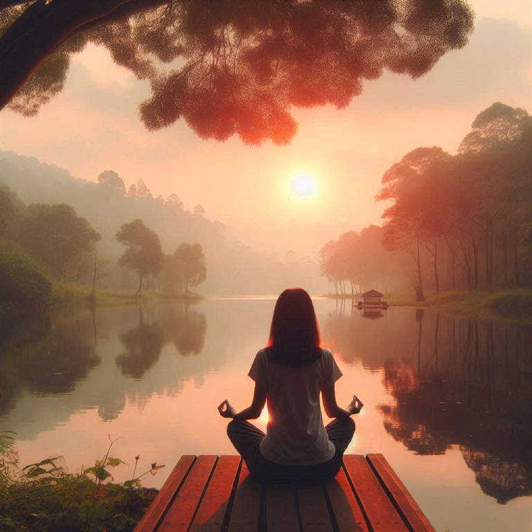 una chica en posición de meditación en el embarcadero de un lago en una puesta de sol