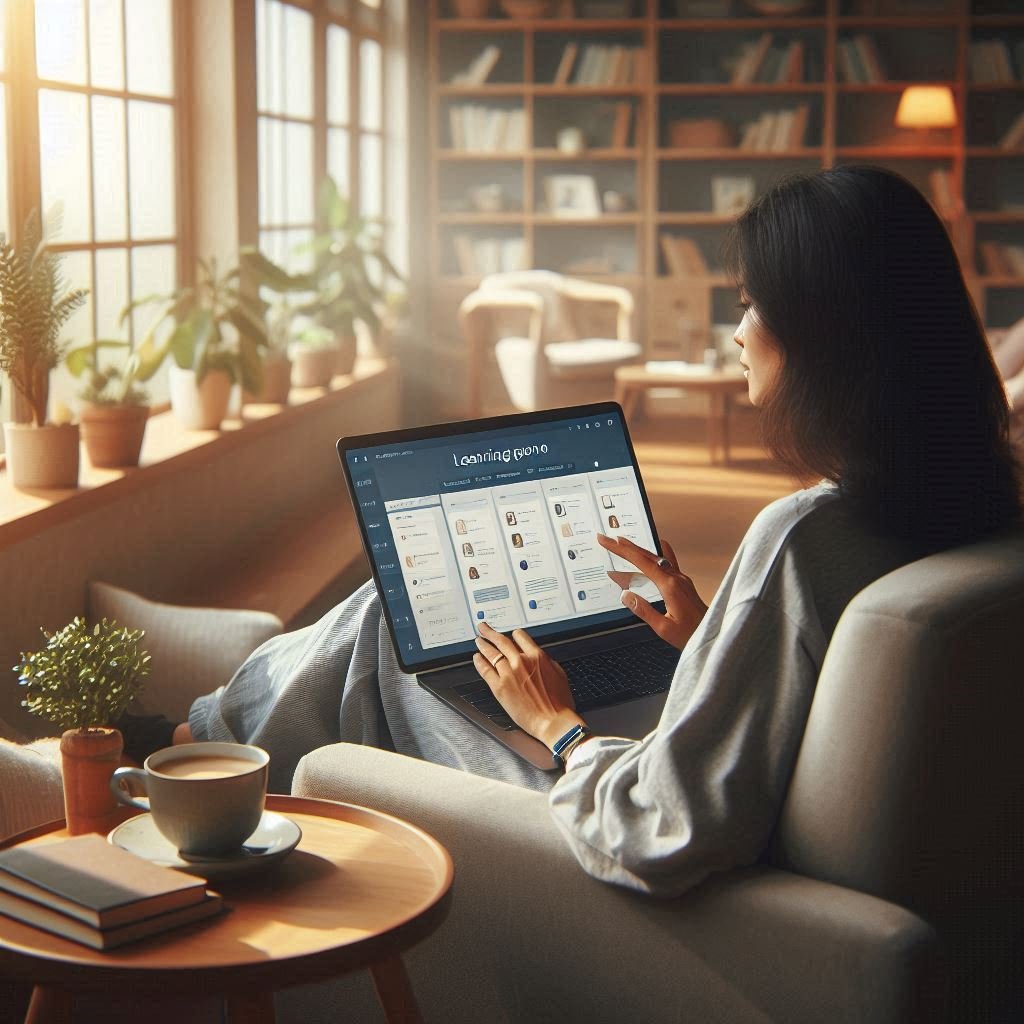 mujer en un pc realizando una sesión de autoayuda guiada