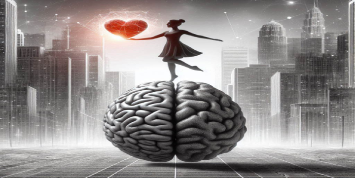 un chica haciendo equilibrio sobre un enorma cerebro sostiene en una de sus manos un gran corazón